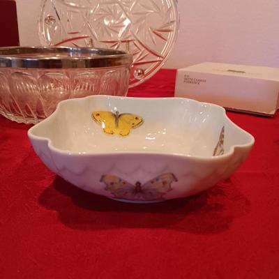 FOOTED CRYSTAL PLATTER, GORHAM GLASS SERVING BOWL, BERNARDAUD LIMOGE BUTTERFLY BOWL AND MORE