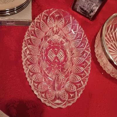 FOOTED CRYSTAL PLATTER, GORHAM GLASS SERVING BOWL, BERNARDAUD LIMOGE BUTTERFLY BOWL AND MORE