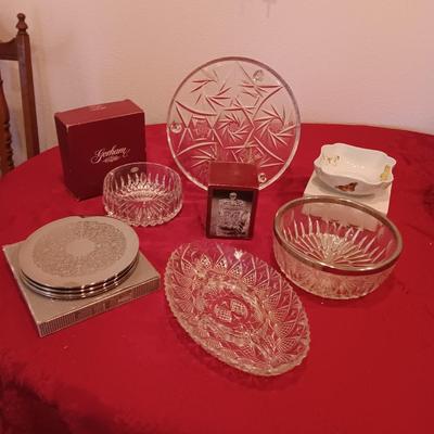 FOOTED CRYSTAL PLATTER, GORHAM GLASS SERVING BOWL, BERNARDAUD LIMOGE BUTTERFLY BOWL AND MORE