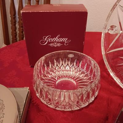 FOOTED CRYSTAL PLATTER, GORHAM GLASS SERVING BOWL, BERNARDAUD LIMOGE BUTTERFLY BOWL AND MORE