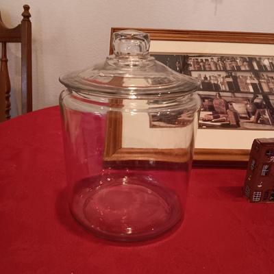 SIGNED "THE APOTHECARY" FRAMED PICTURE AND CONTAINERS PLUS AN APOTHECARY STORE MADE FROM A BRICK