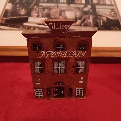 SIGNED "THE APOTHECARY" FRAMED PICTURE AND CONTAINERS PLUS AN APOTHECARY STORE MADE FROM A BRICK