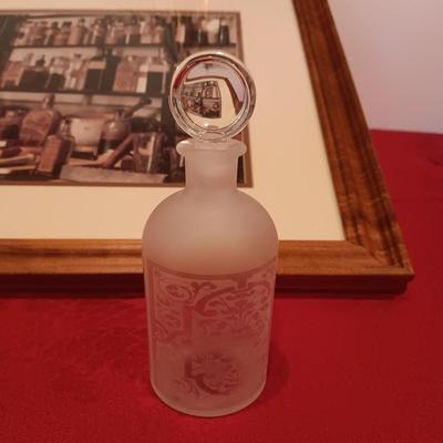 SIGNED "THE APOTHECARY" FRAMED PICTURE AND CONTAINERS PLUS AN APOTHECARY STORE MADE FROM A BRICK