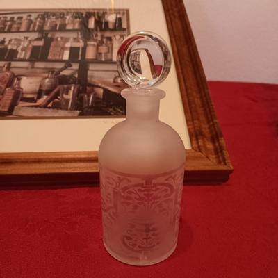 SIGNED "THE APOTHECARY" FRAMED PICTURE AND CONTAINERS PLUS AN APOTHECARY STORE MADE FROM A BRICK