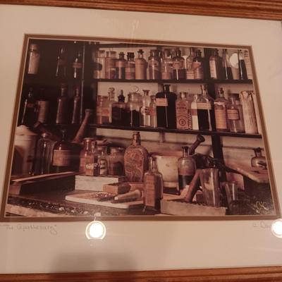 SIGNED "THE APOTHECARY" FRAMED PICTURE AND CONTAINERS PLUS AN APOTHECARY STORE MADE FROM A BRICK