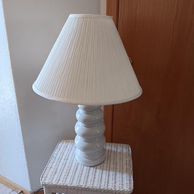 WICKER SIDE TABLE AND MAGAZINE HOLDER PLUS A TABLE LAMP