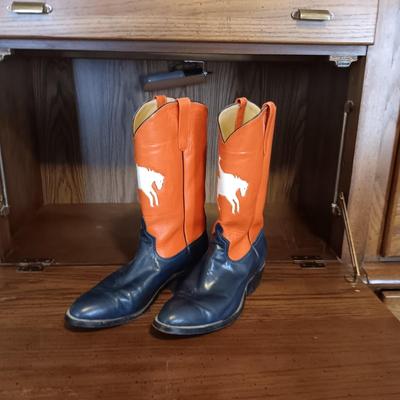 MEN'S ORANGE AND BLUE WESTERN BOOTS SIZE 10 PLUS A BOOT HORN
