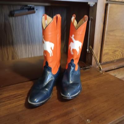 MEN'S ORANGE AND BLUE WESTERN BOOTS SIZE 10 PLUS A BOOT HORN