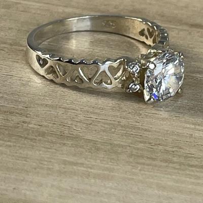 CZ Solitaire and Sterling Silver Hearts Ring 8