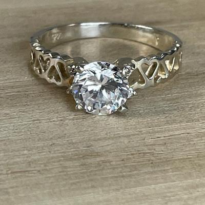 CZ Solitaire and Sterling Silver Hearts Ring 8