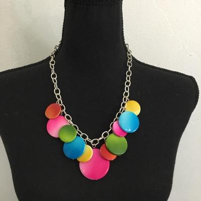 Vintage, silver, toned, multicolored, circular disk, fashion, statement, necklace