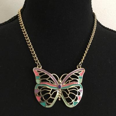 Vintage multicolored enamel, gold, toned, butterfly necklace