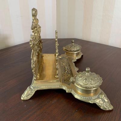 LOT 8 F: Brass Replica of Antique Double Ink Well & Letter Holder