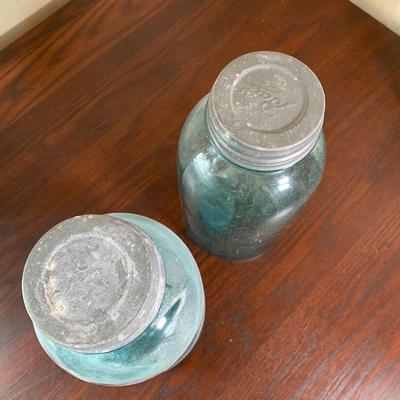 LOT 18 K: Vintage Blue Glass Mason Jar Collection