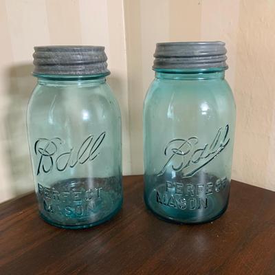 LOT 18 K: Vintage Blue Glass Mason Jar Collection