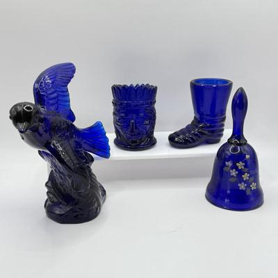 LOT 38F: Vintage Cobalt Blue Glass: Hand Painted Signed Fenton Mother Bell, Mosser Flying Bird, St Clair Native American Toothpick Holder...