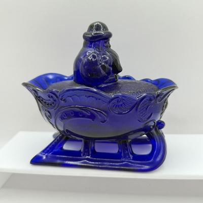 LOT 45F: Vintage Cobalt Blue Glass: Westmoreland Santa Sleigh Candy Dish, Season’s Greetings 1972 Bottle & Mosser Animal Child’s Cup