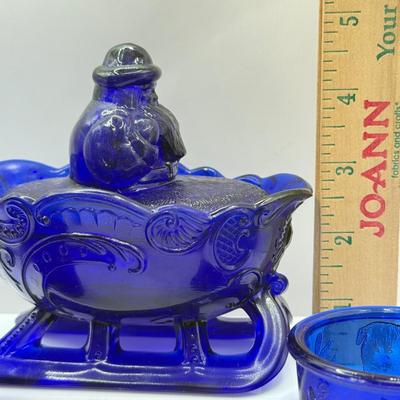 LOT 45F: Vintage Cobalt Blue Glass: Westmoreland Santa Sleigh Candy Dish, Season’s Greetings 1972 Bottle & Mosser Animal Child’s Cup