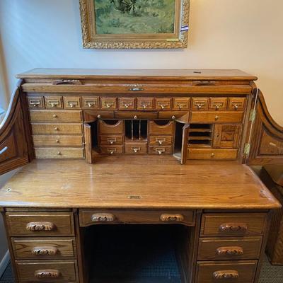 LOT 144U: Rolltop Computer Desk with Wooden Rolling Chair