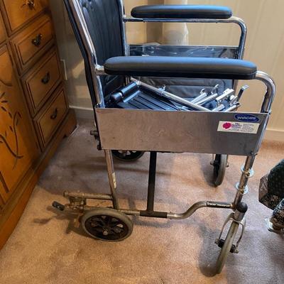 LOT 149U: Folding travel Wheelchair with optionsl leg rests, Cane & Folding Travel Walker With seat that lifts for storage