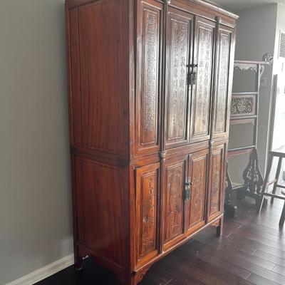 Antique Chinese Carved Elmwood Cabinet