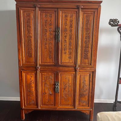 Antique Chinese Carved Elmwood Cabinet