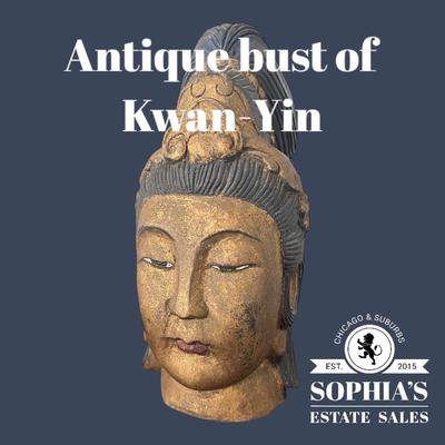 Sale Photo Thumbnail #33: 10.5"h
A wonderful hand carved and lacquered antique bust of Kuan-Yin. Kuan-Yin is a Buddhist deity of compassion. Her elegant and gentle face offers solace as she takes on the sorrows of the world. This bust dates from the 19th century.