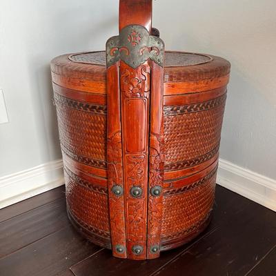 Sale Photo Thumbnail #42: 13"h x 6"w
This antique Chinese food carrier is made of bamboo and lacquered a rich red with two compartments. It is marked with a Chinese customs stamp indicating that it is at least 100 years old. This item dates from the late 19th century. It is in exc