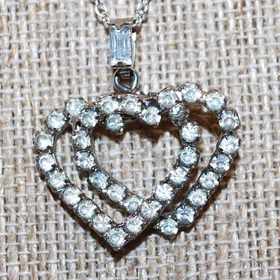 Vintage & Diamond Style Double Bejeweled HEARTS PENDANT (1" x 1") with a Silver Tone Necklace Chain 18" L