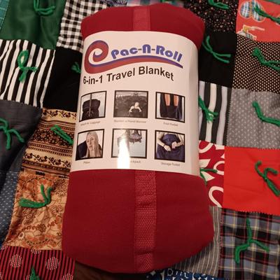 HANDMADE PATCHWORK QUILT QUEEN SIZE, 2 GOOSE DOWN PILLOWS, KNIT THROW AND A NEW 6 IN 1 TRAVEL BLANKET