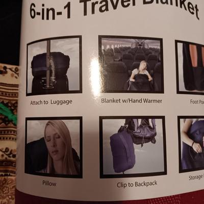 HANDMADE PATCHWORK QUILT QUEEN SIZE, 2 GOOSE DOWN PILLOWS, KNIT THROW AND A NEW 6 IN 1 TRAVEL BLANKET