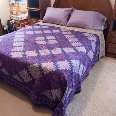 QUEEN SEALY EASE POWER ADJUSTABLE BED WITH CLEAN TEMPURPEDIC MATTRESS, LIGHTED BASSETT HEADBOARD AND WALL UNIT PLUS HANDMADE QUILT AND...