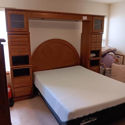 QUEEN SEALY EASE POWER ADJUSTABLE BED WITH CLEAN TEMPURPEDIC MATTRESS, LIGHTED BASSETT HEADBOARD AND WALL UNIT PLUS HANDMADE QUILT AND...