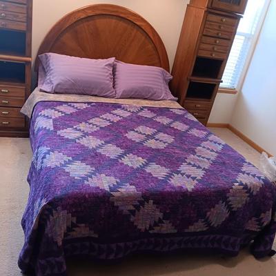 QUEEN SEALY EASE POWER ADJUSTABLE BED WITH CLEAN TEMPURPEDIC MATTRESS, LIGHTED BASSETT HEADBOARD AND WALL UNIT PLUS HANDMADE QUILT AND...