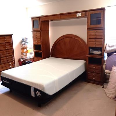 QUEEN SEALY EASE POWER ADJUSTABLE BED WITH CLEAN TEMPURPEDIC MATTRESS, LIGHTED BASSETT HEADBOARD AND WALL UNIT PLUS HANDMADE QUILT AND...