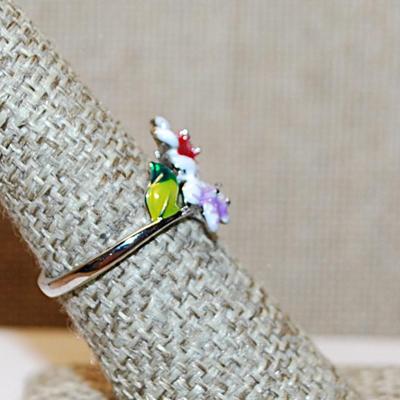 Size 7¼ Marked .925 Red, Purple & White Enamel Flowers Ring on a Silver Band (2.7g)
