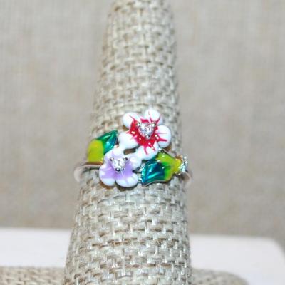 Size 7¼ Marked .925 Red, Purple & White Enamel Flowers Ring on a Silver Band (2.7g)