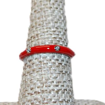 Size 10 Marked .925 Delicate RED Enamel Ring with 6 Accent Clear Stones on a Silver Tone Band (2.5g)