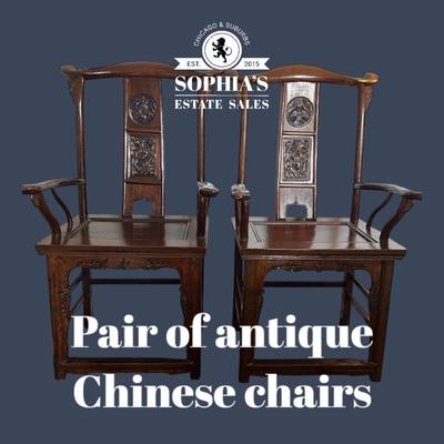 Pair of Antique Chinese Elmwood Scholar's Chairs