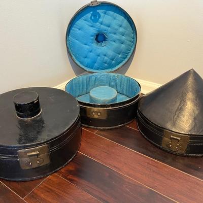 Antique Chinese Hat Box with Original Silk Lining and Two Antique Hats