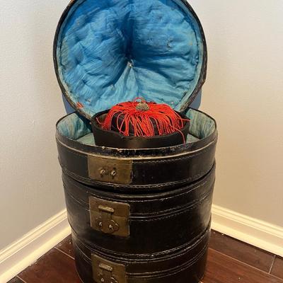 Antique Chinese Hat Box with Original Silk Lining and Two Antique Hats