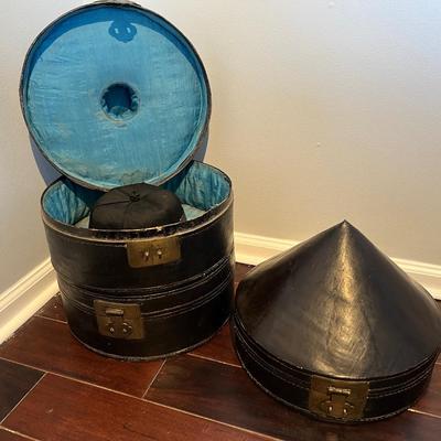 Antique Chinese Hat Box with Original Silk Lining and Two Antique Hats
