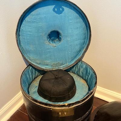 Antique Chinese Hat Box with Original Silk Lining and Two Antique Hats