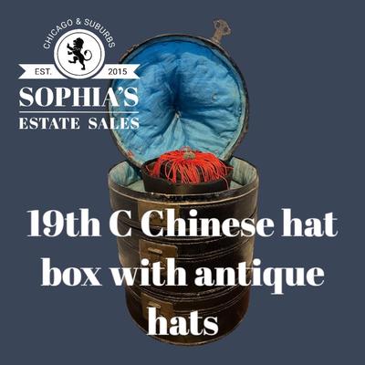 Antique Chinese Hat Box with Original Silk Lining and Two Antique Hats