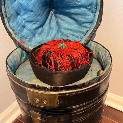 Antique Chinese Hat Box with Original Silk Lining and Two Antique Hats