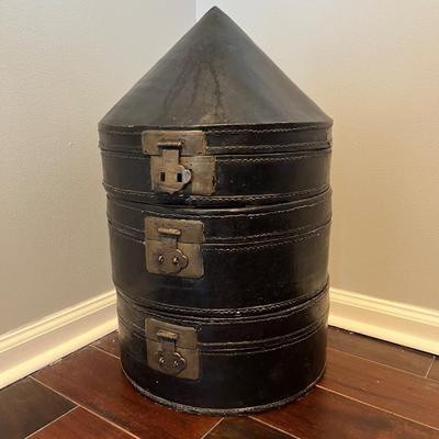 Antique Chinese Hat Box with Original Silk Lining and Two Antique Hats