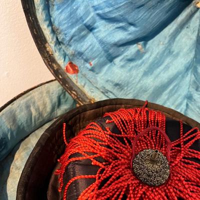 Antique Chinese Hat Box with Original Silk Lining and Two Antique Hats