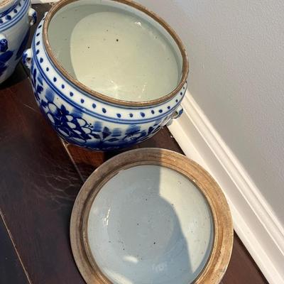 A Pair of Antique Chinese Blue and White Covered Jars
