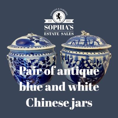 A Pair of Antique Chinese Blue and White Covered Jars