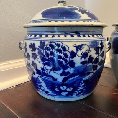 A Pair of Antique Chinese Blue and White Covered Jars